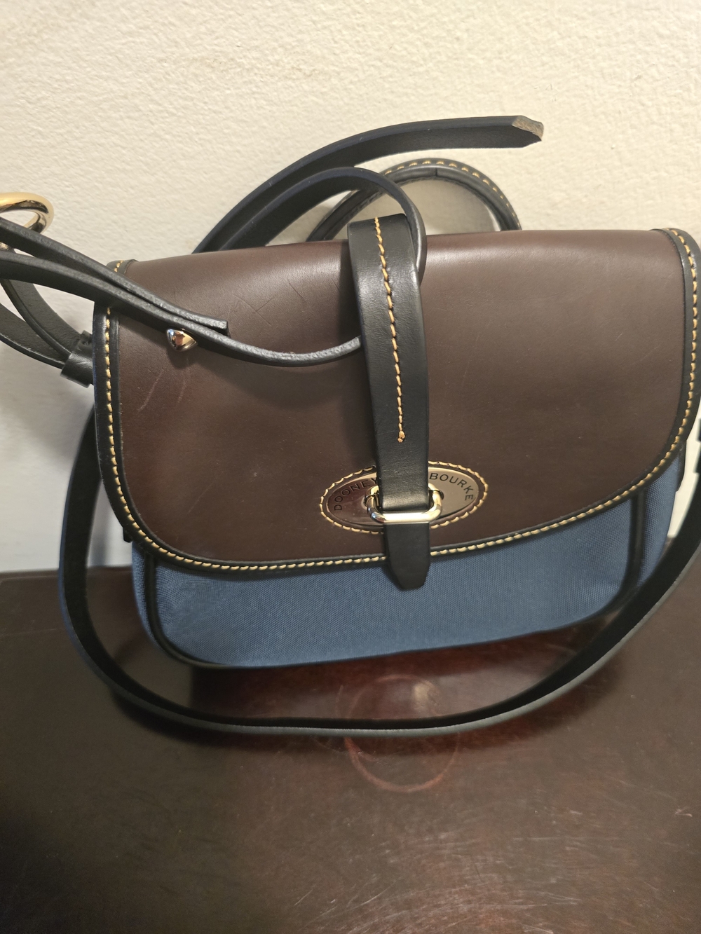 Dooney & Bourke Brown Leather & Blue Canvas Saddle Crossbody